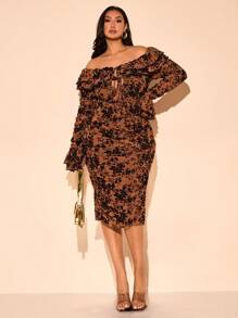 SHEIN BAE Vestido elegante de talla grande con detalles recogidos, manga larga, hombros descubiertos, volantes y tejido flockado elástico en negro, de largo medio, para otoño/invierno