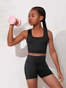 SHEIN Tween Girls' Solid Color Hollow Back Ribbed Camisole And Biker Shorts Sports Set, Suitable For Yoga, Sports Day, Back To School