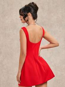 SHEIN BAE Vestido Vermelho Sólido Minimalista e Elegante Feminino sem Mangas Ajustado e Princesa, Indicado para Coquetel, Encontro Romântico, Reunião, Evento Formal, Vestido de Dama de Honra, Vestido de Festa da Noite, Vestido de Formatura - Vermelho - Visão 2