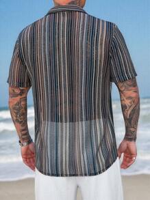 Genlund Men's Vacation Casual Striped Translucent Fabric Texture Short Sleeve Shirt, Sandbeach   For Husband - Multicolor - View 2