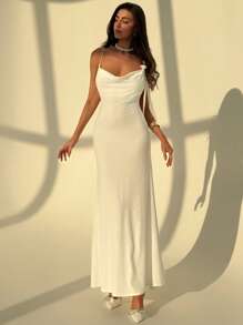 Aloruh 女士婚礼派对露背连衣裙，性感吊带 V 领花卉图案 - 白色 - 查看 2