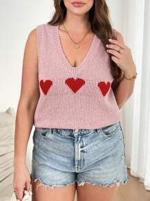 CosyJoli Plus Size Heart Print V-Neck Casual Pullover Sweater Vest, Suitable For Valentine's Day In Fall/Winter - Pink - View 6