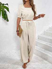 SHEIN Frenchy Set de 2 piezas con top de cuello cuadrado de color liso y pantalón largo para mujer, uso casual elegante y sencillo para uso diario - Albaricoque - Ver 5