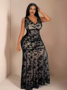 Maweii 大码女式复古浪漫无袖撞色美人鱼修身连衣裙 - 彩色 - 查看 3