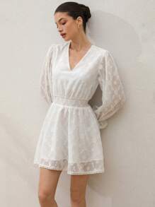 EMERY ROSE White Shirred Burning Flower Tassel Lace Design Long Sleeves Ladies Short Dress,White Polka Dot,Autumn,Boho,Vacation,Holiday Old Money Style - White - View 6