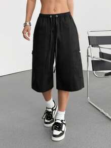 SHEIN EZwear Casual All-Match Black Drawstring Waist Cargo Pants - Black - View 6