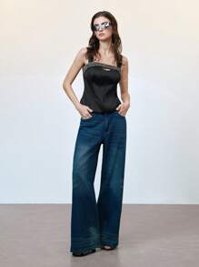 SHEIN LUNE 女士镂空水钻装饰缎面宽肩带黑色上衣，夏季女装 - 黑色 - 查看 5