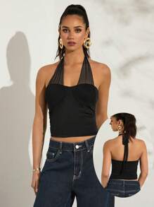 Glamine Top sin mangas transparente y sin espalda de color negro, top de salida, top de cumpleaños, top de fiesta de vacaciones, top corto para citas de mujer, top de concierto, top de Pascua, top de primavera/verano - Negro - Ver 3