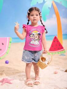 CoComelon X SHEIN Baby Girl Cartoon Graphic Cloud Print Cap Sleeve Round Neck Pink T-Shirt - Hot Pink - View 9