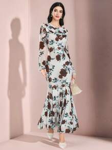Modelyn Spring Valentine's Day Women's Long Sleeve Floral Print Romance Flounce Dress Botanical Print - Multicolor - View 3