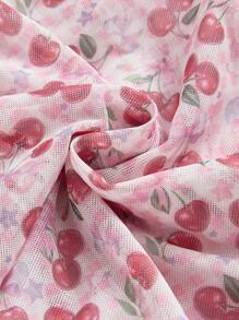 ROMWE Kawaii Sweetheart Pastoral Style Girl Cherry Full Print Lace Stitching Bowknot Sexy Dress Set - Multicolor - View 11