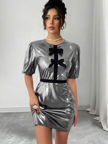 SHEIN Unity 女士优雅镀银天鹅绒蝴蝶结装饰时尚连衣裙 - 深灰色 - 查看 1