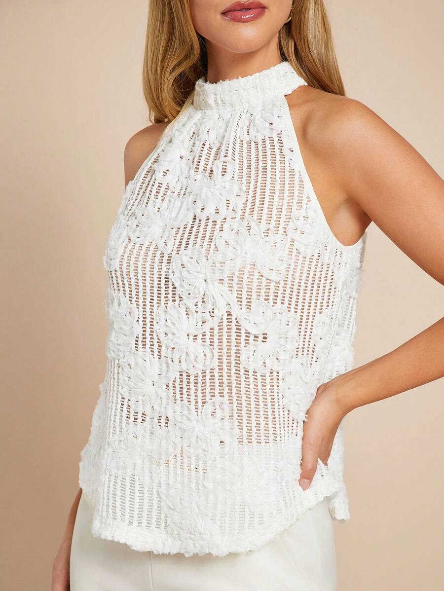 SHEIN Clasi Vacation Outfits Woman,Summer Elegant Women's Apricot Jacquard Three-Dimensional Flower Hanging Neck Shirt, Suitable For Various Occasions, Summer Shirt - Apricot - View 1