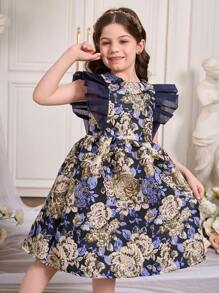 SHEIN 年轻女孩节日蕾丝网纱袖褶皱腰无袖连衣裙 - 彩色 - 查看 4