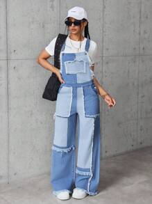 SHEIN EZwear Women's Solid Color Splicing Wide Strap Pocket Casual Denim Bib Pants - Blue - View 4