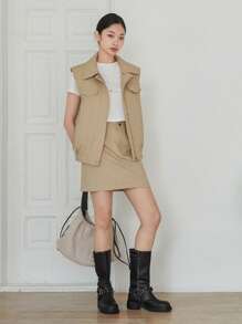 DAZY 女士两件套无袖背心上衣裙子简约时尚休闲日常夏季 - 卡其色 - 查看 6