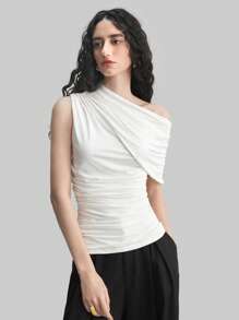 Ontre Women Solid Color Knit Asymmetric Neck Ruffle Hem Blouse - White - View 5