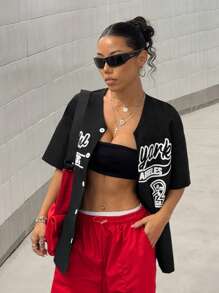 StreetHx Oversized Women Casual Solid Color & Contrast Print Short Sleeve Button Down Shirt - Black - View 5