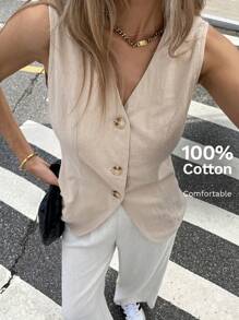 Siren Gaze Camisa de vestir informal de verano para mujer de unicolor con escote en V y abotonadura sencilla