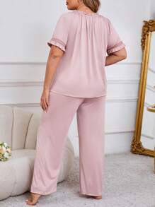 Lace Panel Plus Size Women's Bow Decorated Short Sleeve Top And Pants Pajama Set