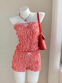 Comfortcana Ensemble pour femme top brassière à carreaux rouges et shorts