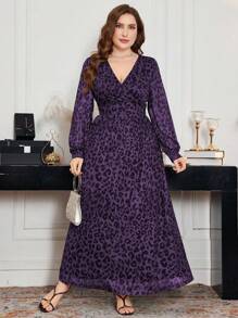 Modelyn Vestido elegante con estampado de leopardo, de tallas grandes, con escote cruzado, cintura asimétrica, mangas farol amplias y plisadas