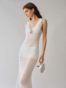 SHEIN LUNE Knitted Hollow Three-Dimensional Flower Elegant Sexy Fishtail Vest Dress - White - View 5