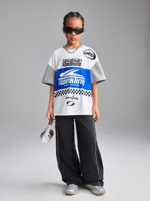 SHEIN Girls White Autumn Streetwear City Break Back To School Campus Sports Football Oversized T-Shirt,Knitted Printed Round Neck Short Sleeve Casual Tops - Blue - View 5