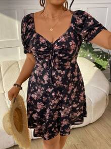 SHEIN VCAY Váy in hoa tay bồng cổ tim cỡ lớn - Nhiều màu - Xem 5