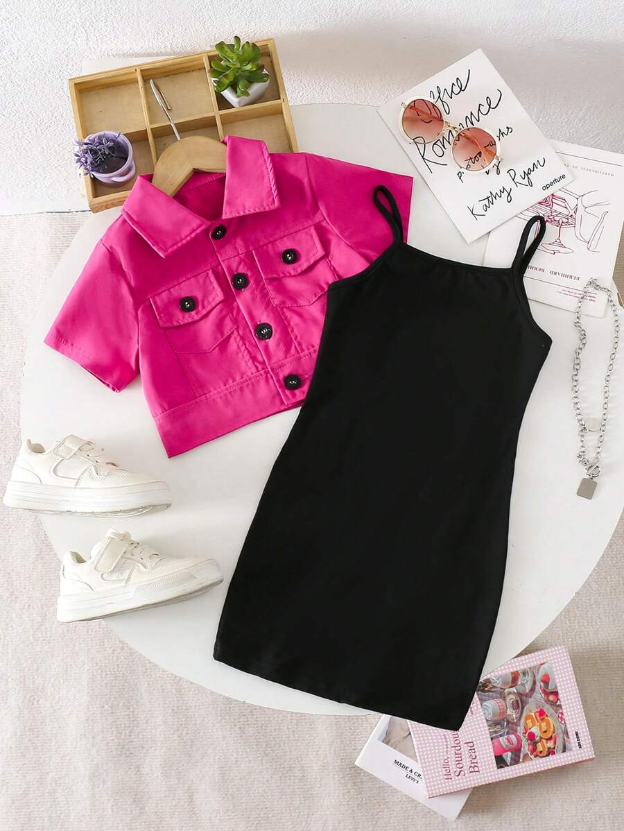 SHEIN Young Girl Solid Color Short-Sleeved Single-Breasted Shirt And Cami Dress Two-Piece Set - Hot Pink - View 1