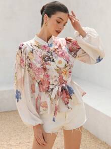 Aveloria Rosie Elegante camisa de señora de manga larga con cuello alto romántico, botones, cintura ceñida y estampado floral