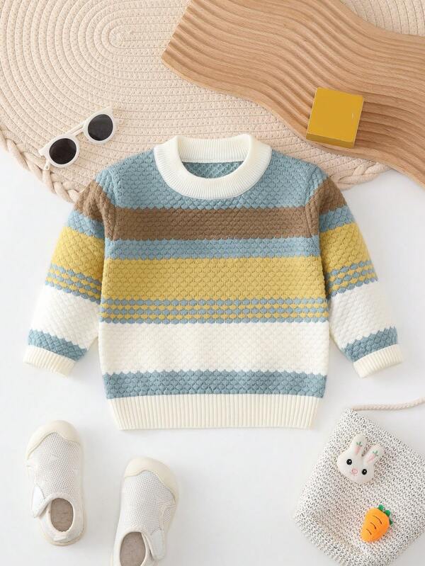 SHEIN Sweaters Baby Boy Knit Pullover, Round Neck Thick Sweater Long Sleeve, Warm Color Block Stripe Fashion For Boys And Girls, Casual Daily Wear, Suitable For Autumn/Winter, Green, Blue, White, Brown Patchwork