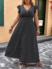 SHEIN VCAY 大码度假浪漫黑白心形印花褶皱盖袖松紧腰 A 字长裙 - 黑與白 - 查看 4