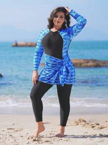 Swim Shayni Plus Size Women's 2 Pieces Swimwear, Black & Blue Printed Design Front Zipper One Piece Swimwear & Cover Up Skirt, Conservative Style, Summer Beach Vacation Burkinis - Multicolor - View 3
