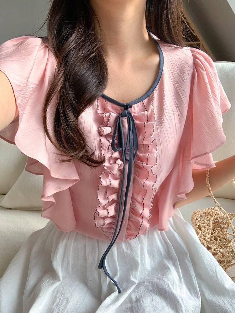 New Summer Elegant Tie-Up Versatile Girl Style Women Short Sleeve Blouse,Ruffle