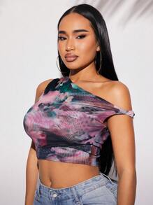 SHEIN SXY Blusa asimétrica de hombro abierto con estampado de teñido anudado en colores, versátil para uso casual, salidas, fiestas, clubes, citas, vacaciones, playa