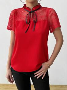 Calvaya Elegant Women Blouse, Contrast Lace Satin Ribbon Blouse, Romantic Stylish Shirt, Red Blouse