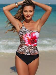 Swim Lushoire Bộ 2 chiếc/bộ áo cánh xếp ly cổ bất đối xứng họa tiết hoa báo thời trang xuân hè và quần tankini tam giác cạp cao màu trơn, dành cho kỳ nghỉ hè ở bãi biển - Nhiều màu - Xem 2
