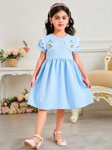 Girls Summer Embroidered Ruffle Collar Short Sleeve Dress, Versatile, 4-7 Years - Blue - View 1