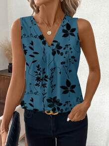 SHEIN Clasi Débardeur casual col V imprimé plantes pour femme, idéal pour les vacances - Multicolore - Voir 1