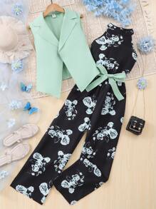 SHEIN Tween Girl 2 Pieces Set: Olive Green Top Vest Matched With Black Base Rose Digital Printed Jumpsuit - Olive Green - View 1