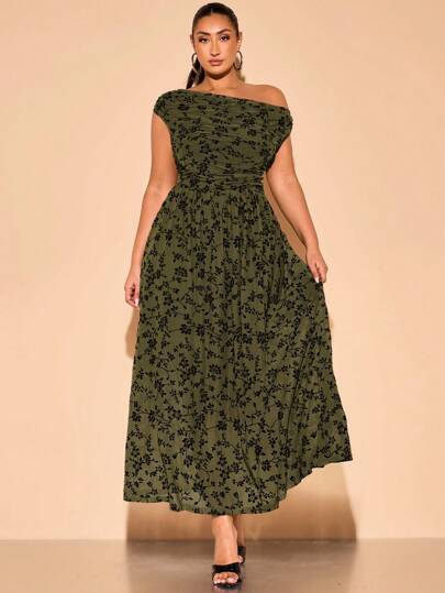 SHEIN BAE Plus Size Women's Spring/Summer Green Long Flocked Floral Asymmetric Neck Pleated Birthday Party Dress, Bridesmaid Mini Dress, Cocktail Dress, Mesh Dress, Holiday Dress, Beach Dress