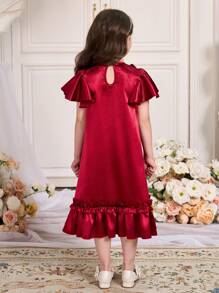 SHEIN 女童勃艮第色 Abaya Kaftan Jalabiya 束腰外衣，斋月斋月本土保守连衣裙，奢华优雅时尚，夸张荷叶边蝴蝶结珍珠缎拼接撞色前中白褶皱设计连衣裙 - 彩色 - 查看 2