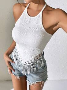 EMERY ROSE Women's Summer Short Backless Top, Boho Style Tassel Hem Tie Neck Cami For Vacation - White - View 3