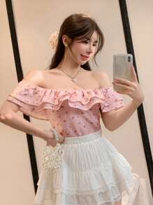 DAZY 女式夏季全身碎花荷叶边露肩短款衬衫，露肩上衣