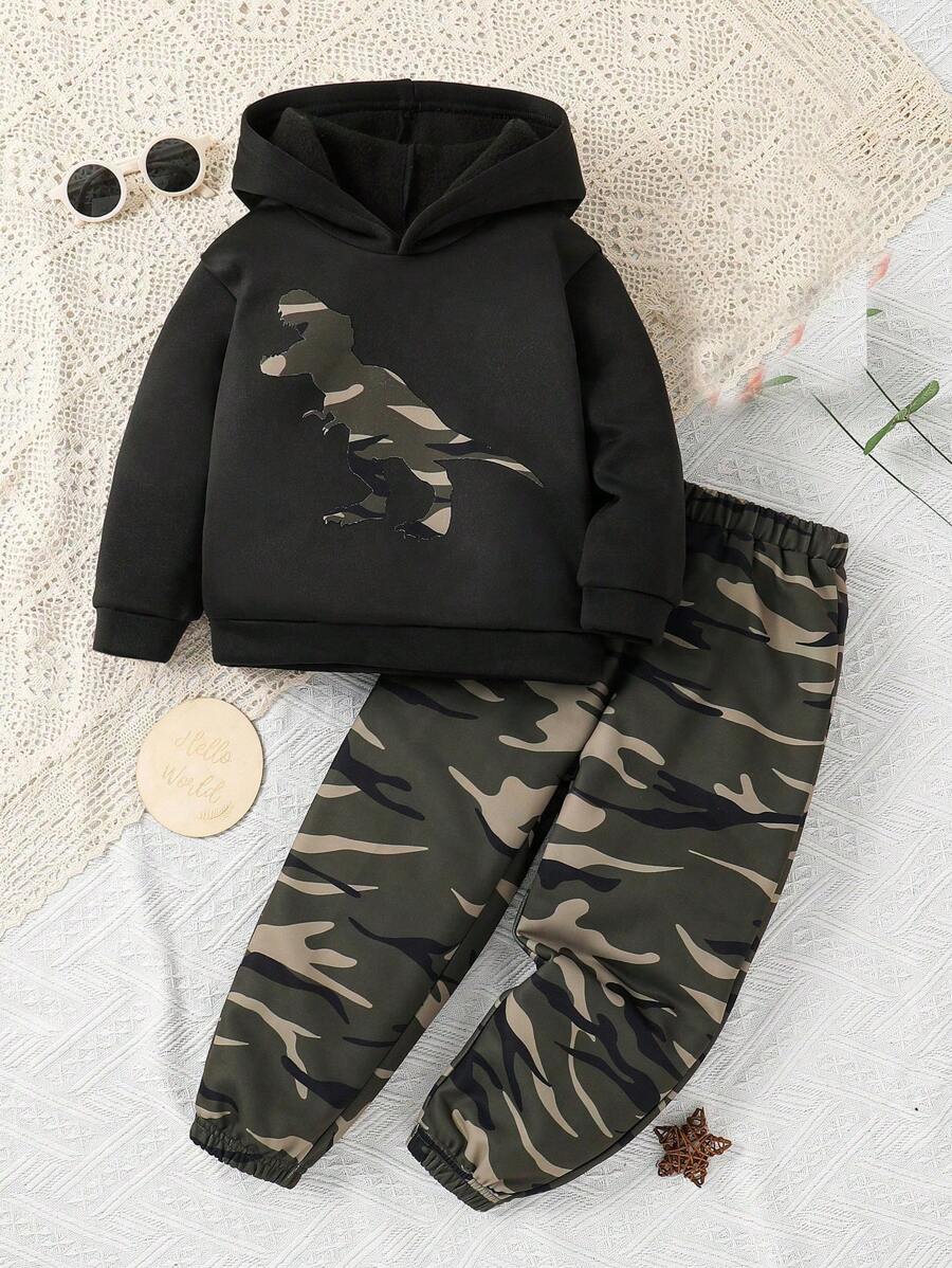 SHEIN 2 件儿童男童休闲街头迷彩连帽运动衫和抽绳迷彩裤针织 2 件套，适合学校、花园、海滩、生日、秋冬季节，羊毛，加厚 - 彩色 - 查看 1