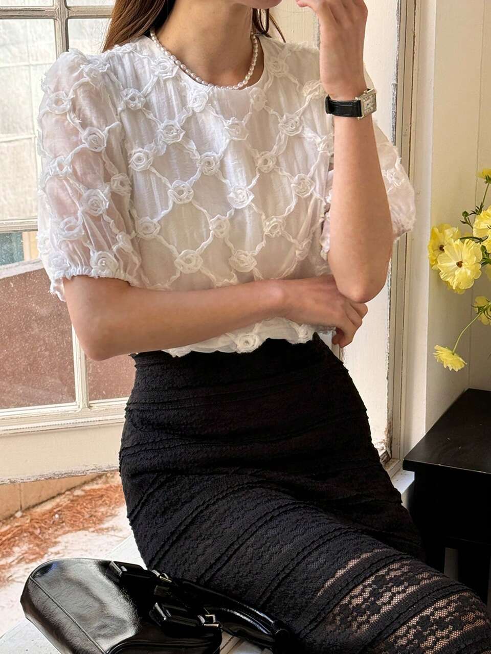 Women's Summer Round Neck Solid Color Rose Texture Casual Loose Blouse, Suitable For Valentine's Day