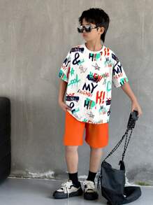 SHEIN Tween Boy Street Style Full-Width Print T-Shirt & Shorts Set - White - View 1