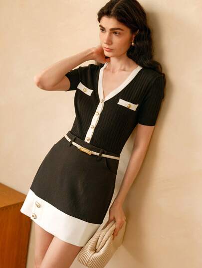 Gloray Knit Colorblock Elegant Buttoned Cardigan Top For Women, Spring/Summer