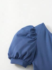 Tween Girl Asymmetrical Neck Bow Front Peplum Top & Pants - Blue - View 4